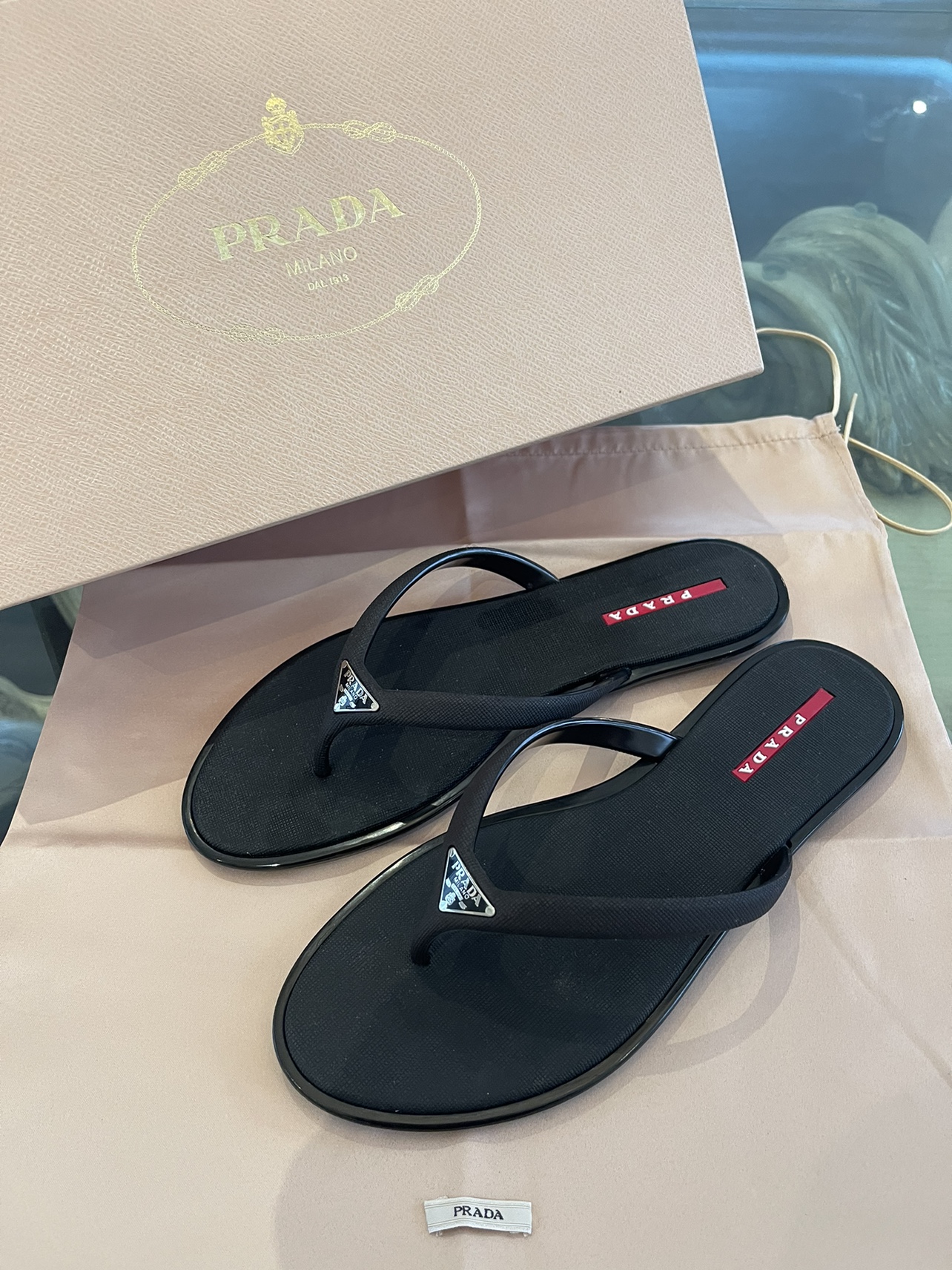Authentic Prada Saffiano Triangle Rubber Logo Slides Sandals thumbnail