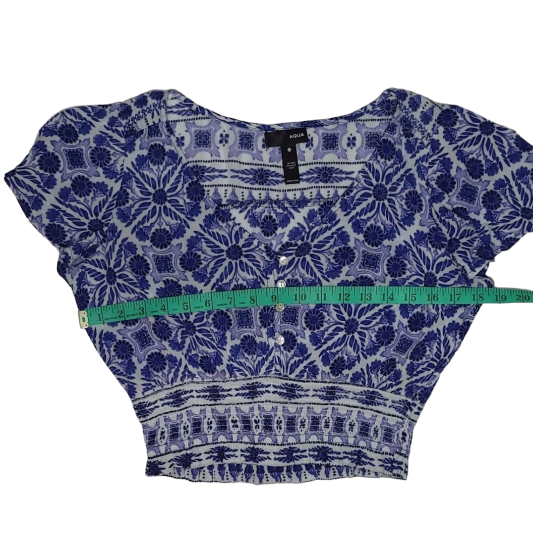 Blue & White V-neck Crop Top Flutter Cap Sleeves Smocked Waist image indicator(10)