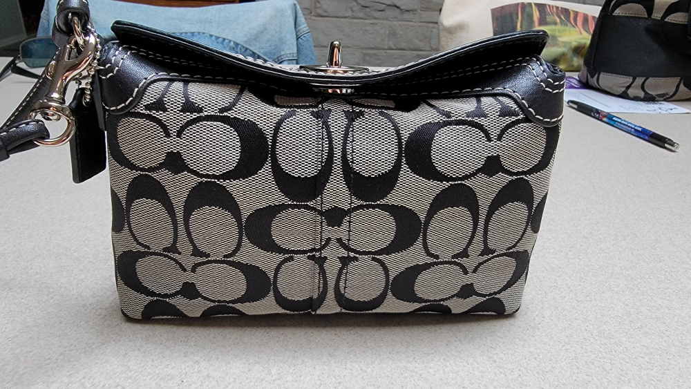 Coach Black Off White Canvas Coach Logo Turnlock Wristlet Purse