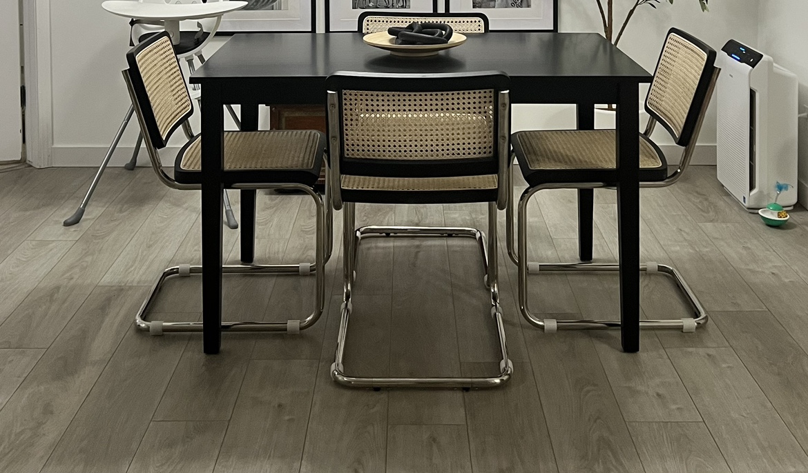 Black dining table with 4 rattan chairs set