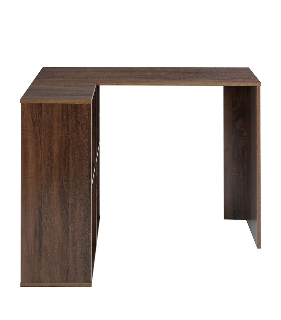 Brown wooden L-shaped office desk