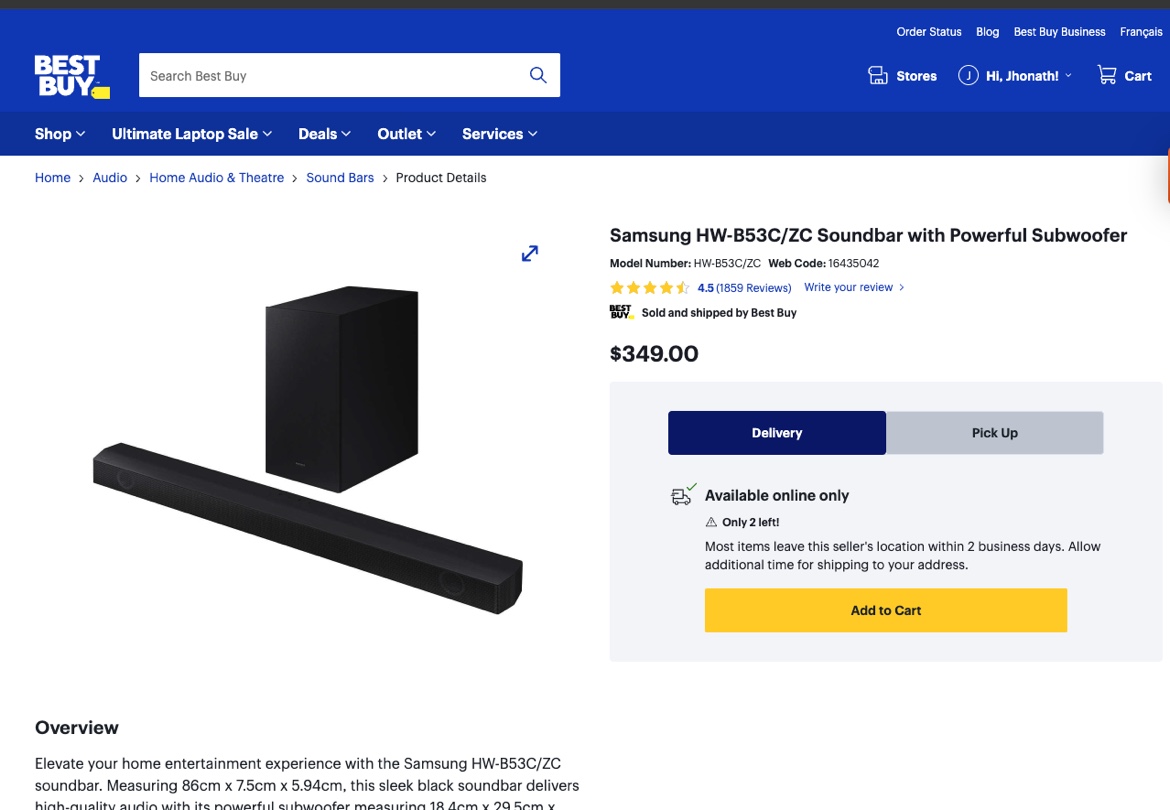 Samsung B53C Soundbar with Subwoofer & Bluetooth