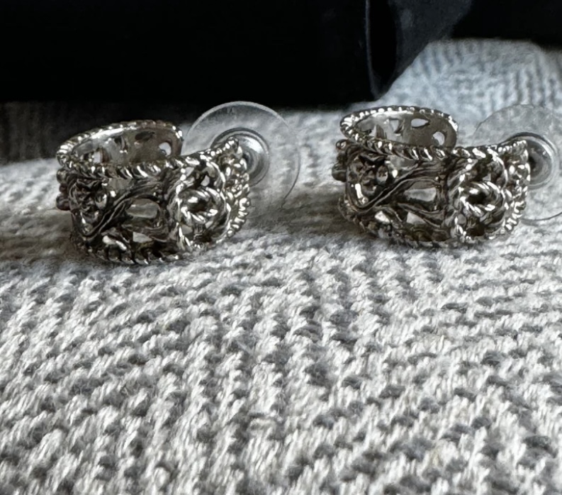 Authentic Chanel Silver Filigree Hoop Earrings image indicator(7)