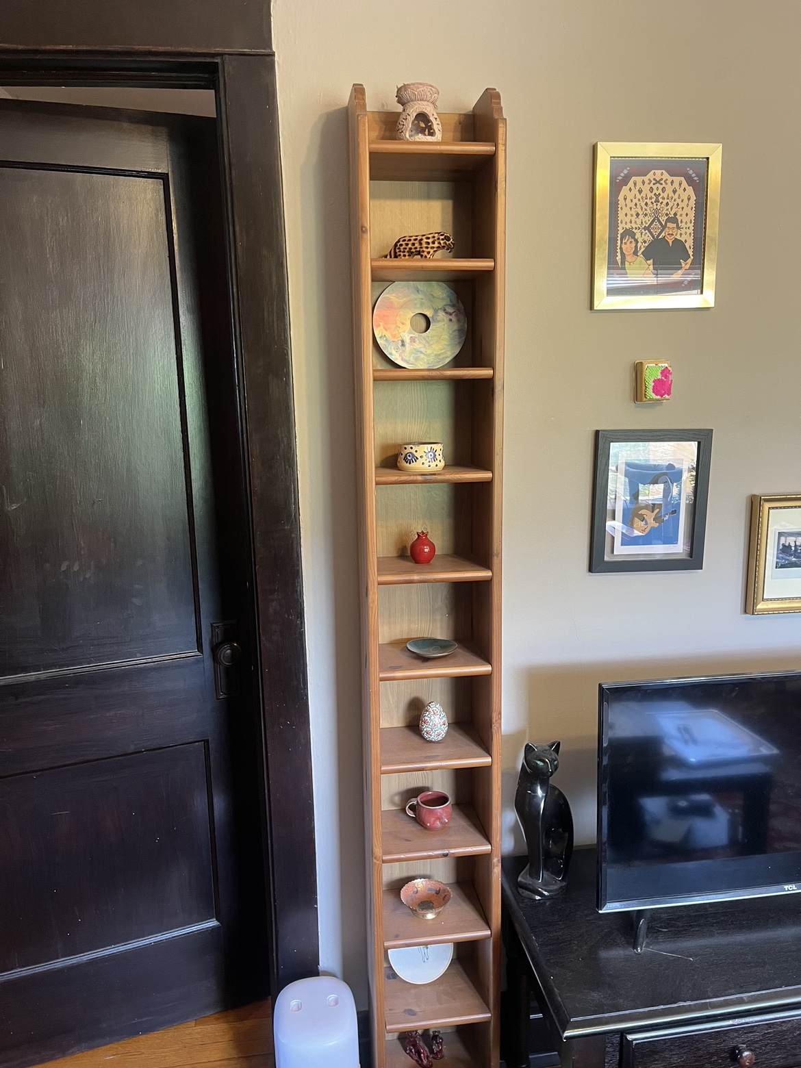 Tall wooden bookshelf