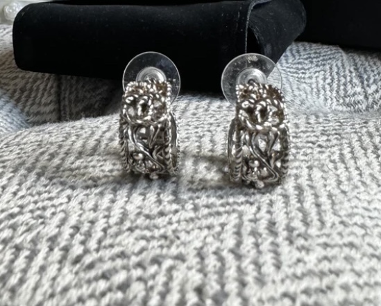 Authentic Chanel Silver Filigree Hoop Earrings image indicator(3)