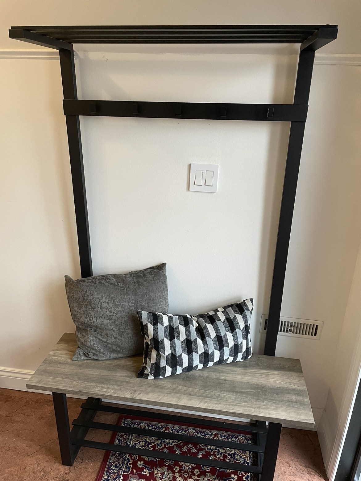 Hall bench with hooks and upper shelf