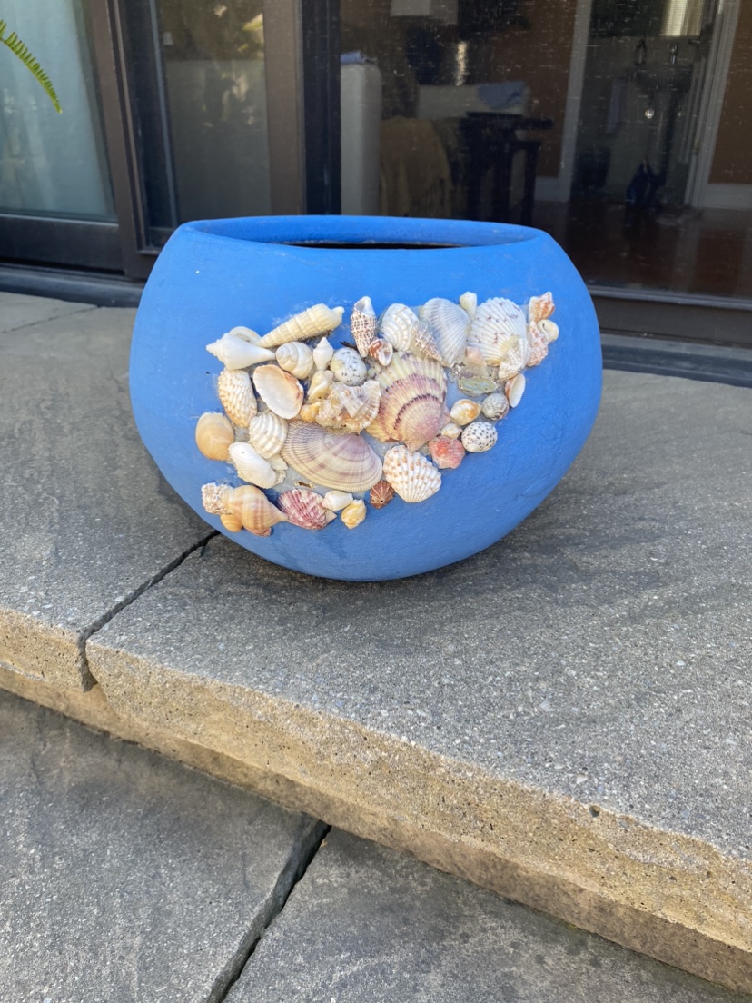 Sky blue clay pot decorated with sea shells thumbnail