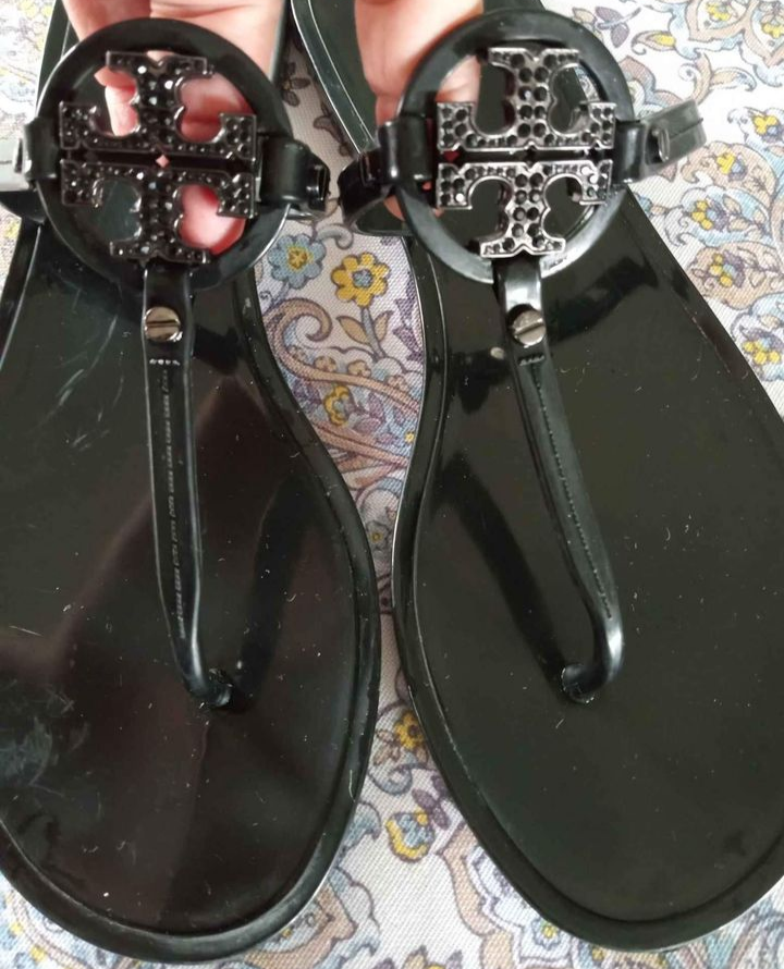 Tory Burch black jelly sandals with black stones on logo