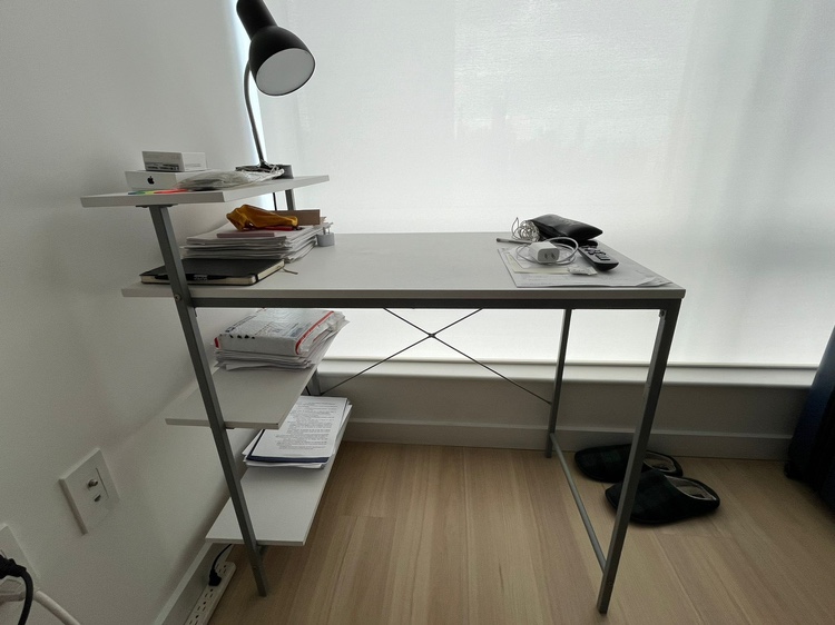 White desk with side shelves