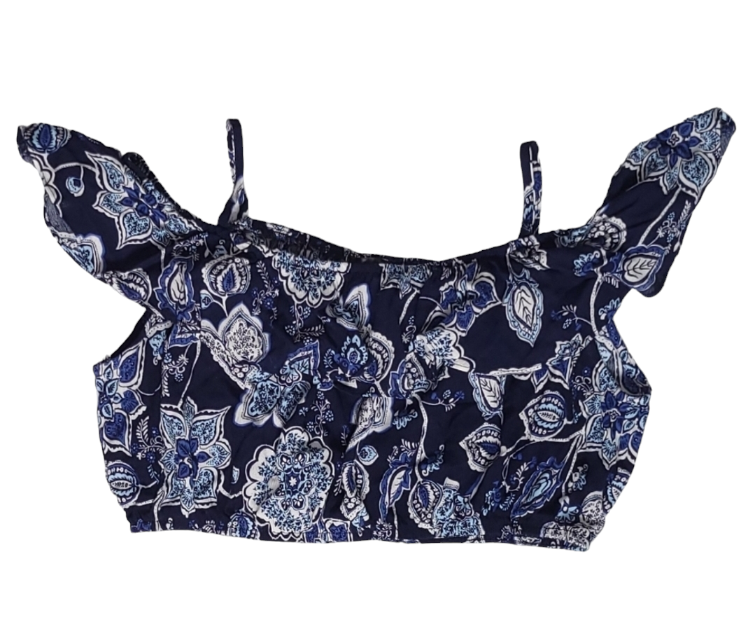 Aqua Off Shoulder Blue Crop Top with Ruffles image indicator(2)