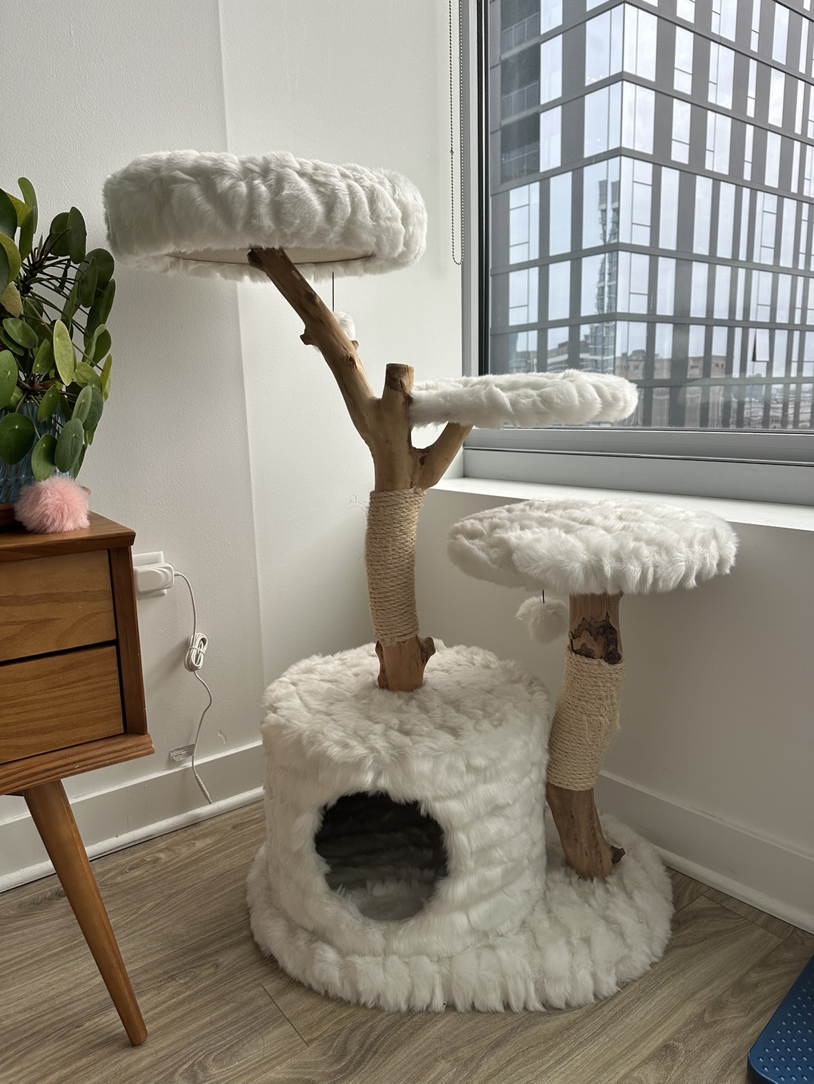 White Fluffy Natural Wood Cat Tree thumbnail