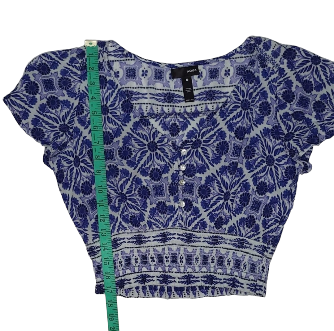 Blue & White V-neck Crop Top Flutter Cap Sleeves Smocked Waist image indicator(9)