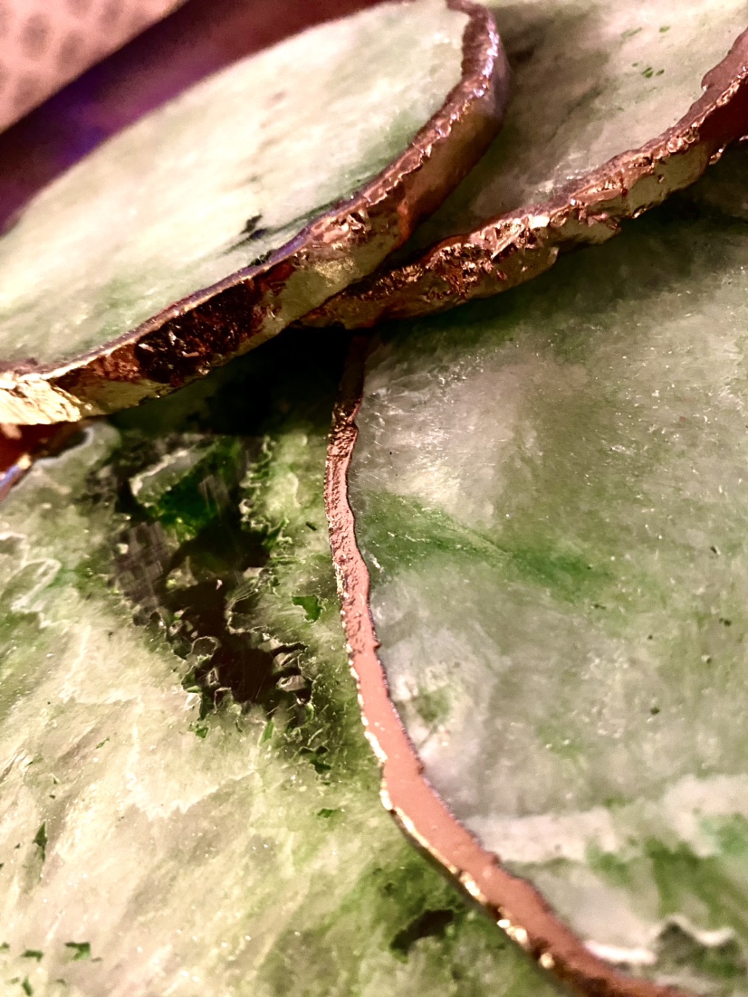 NWT Genuine Green Agate Gold-trimmed Crystal Coasters (4) image indicator(4)