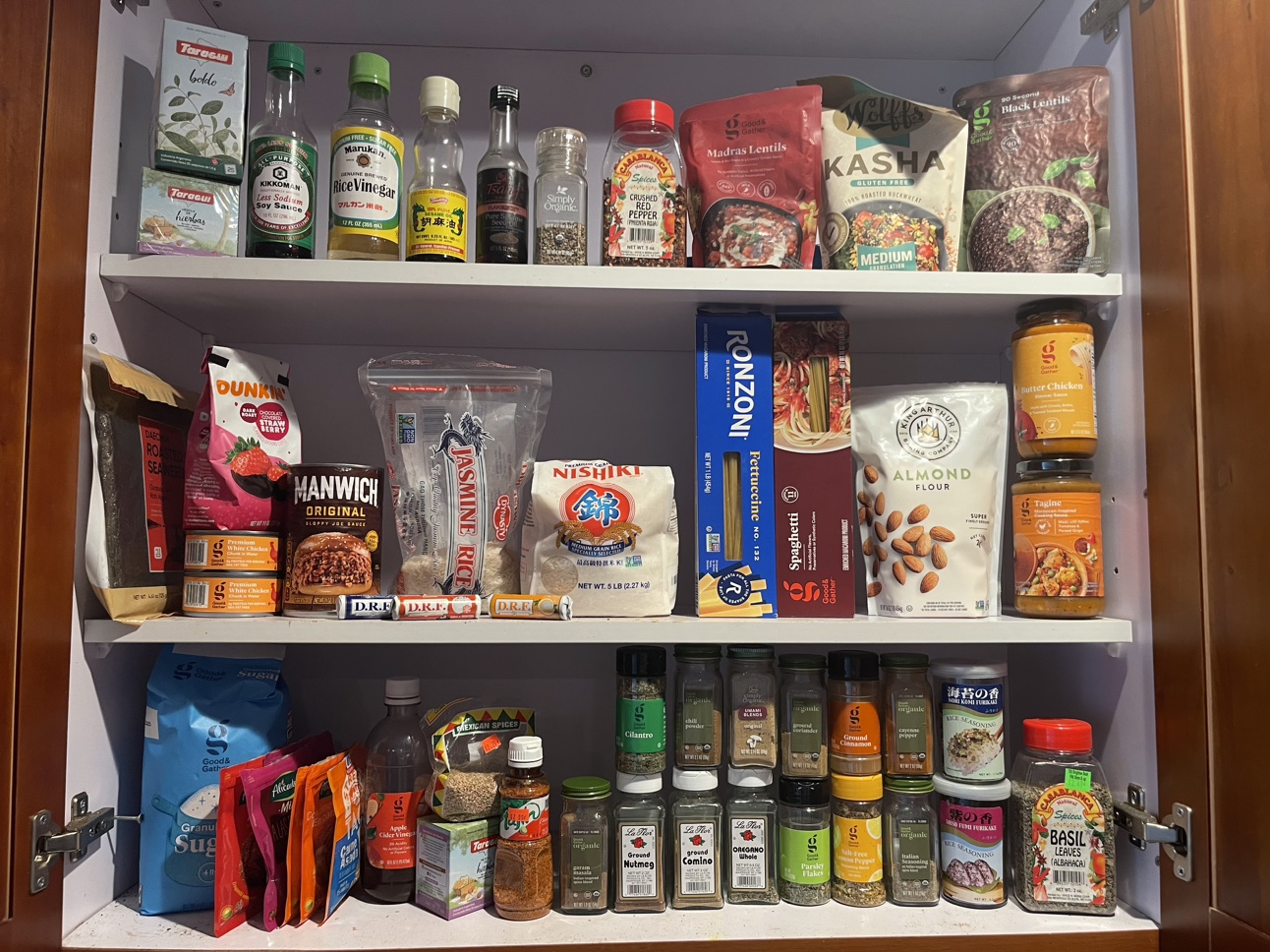 Food staples : spices rice tea souces canned meat coffee