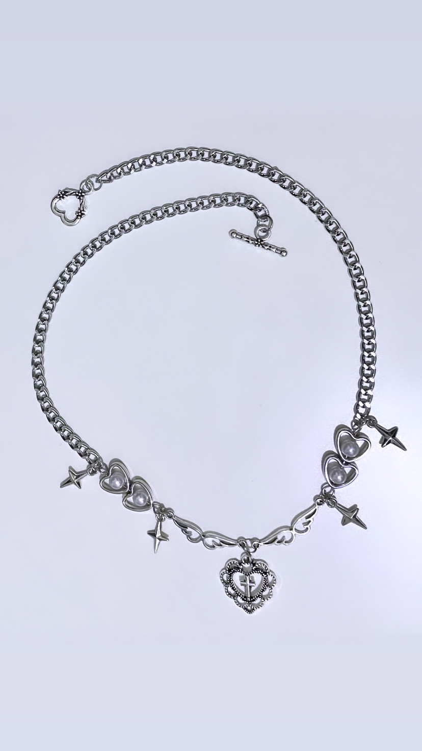Heart Cross Pearl Detail Silver Necklace thumbnail