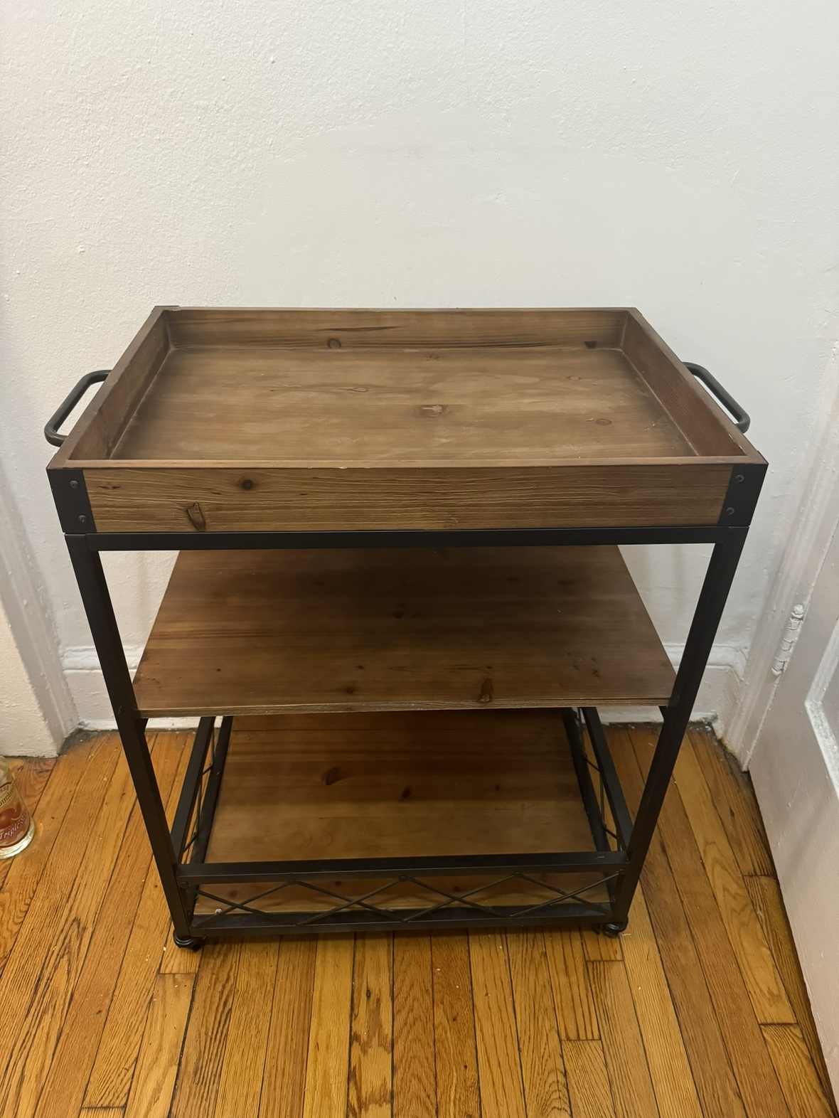 Solid Wood Bar Cart with Wheels & Built In Wine Rack