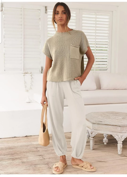 2 Piece Outfit Knit Sweater Top and High Waisted Pants Lounge image indicator(5)
