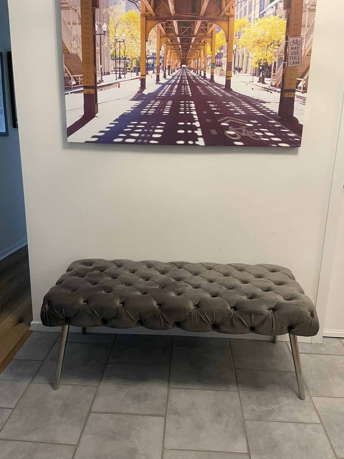 Tufted gray velvet bench