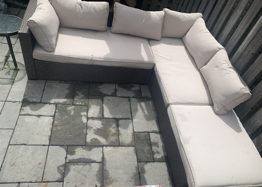 Sectional Wicker Sofa with pillows and table/ottoman