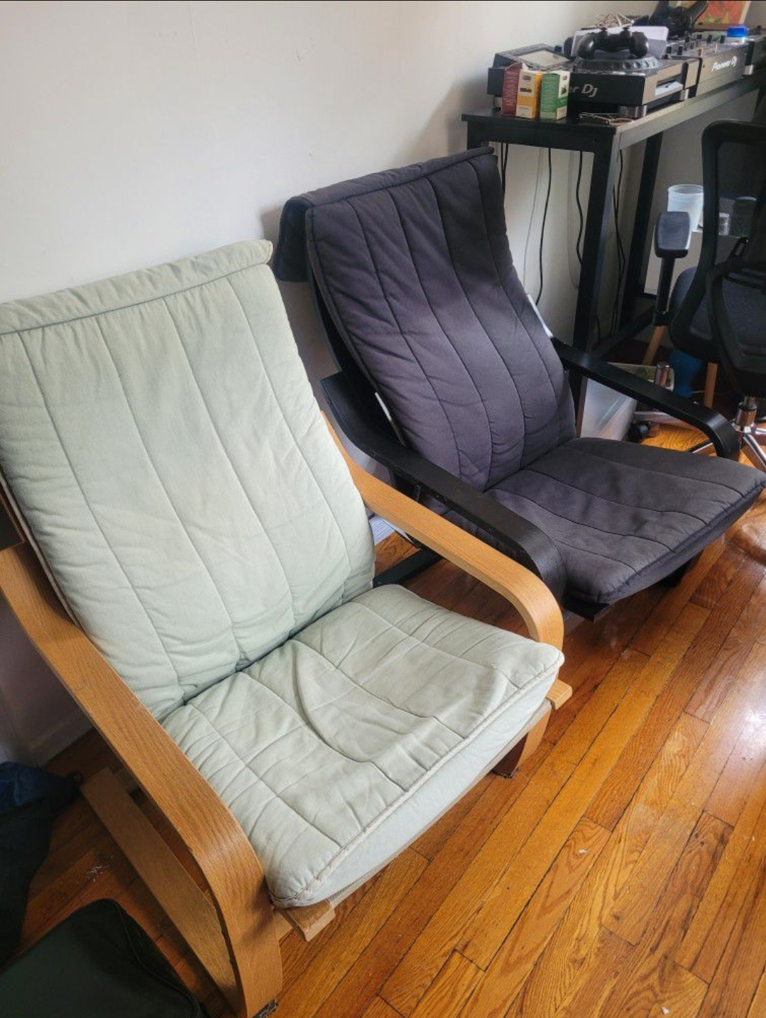2 IKEA chairs black and beige
