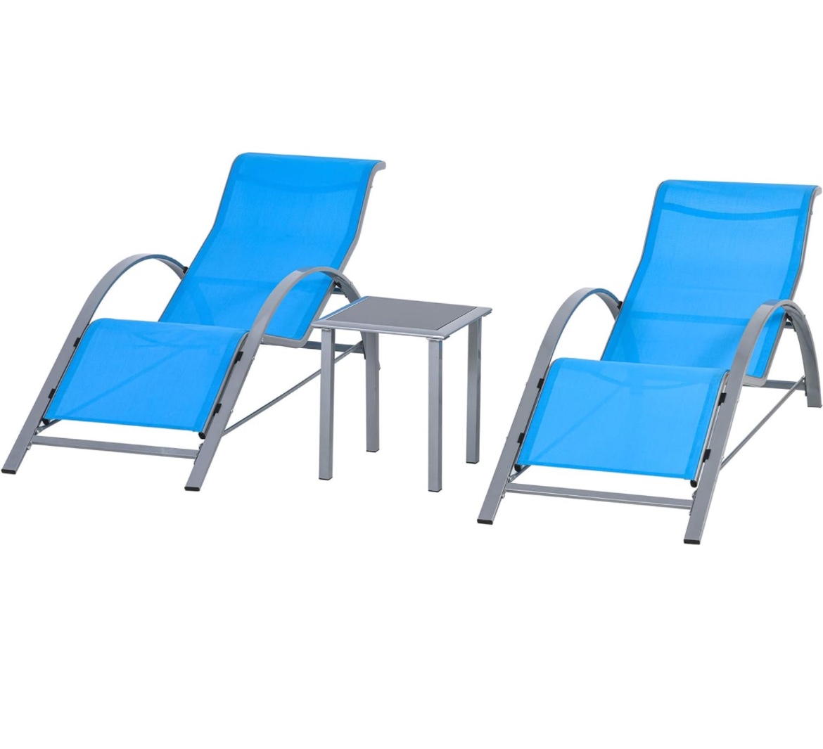 New in box out sunny loungers, and table