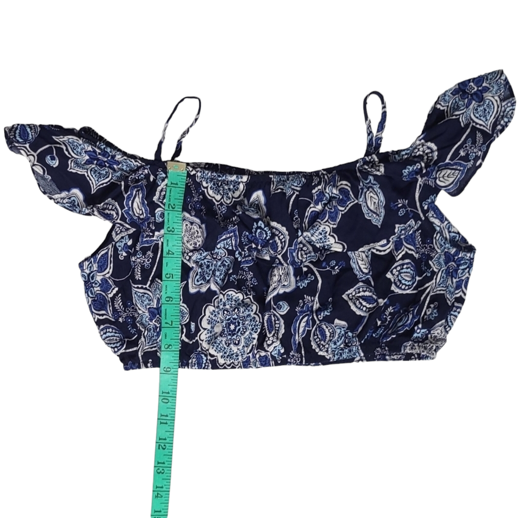 Aqua Off Shoulder Blue Crop Top with Ruffles image indicator(6)