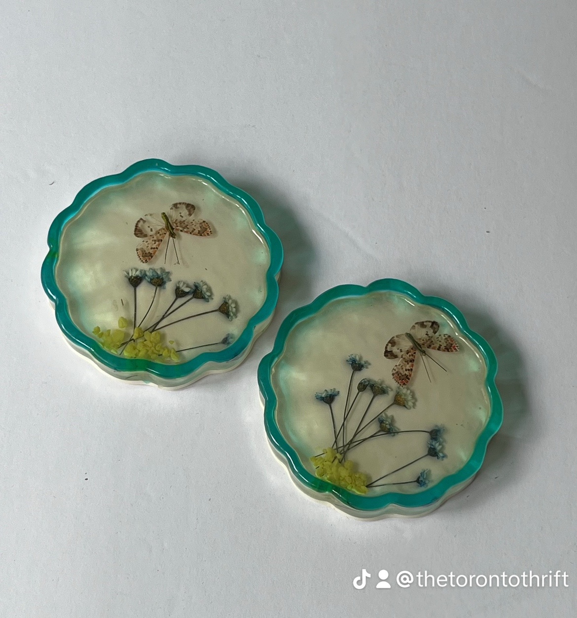 Beautiful vintage resin coasters with butterflies and flowers