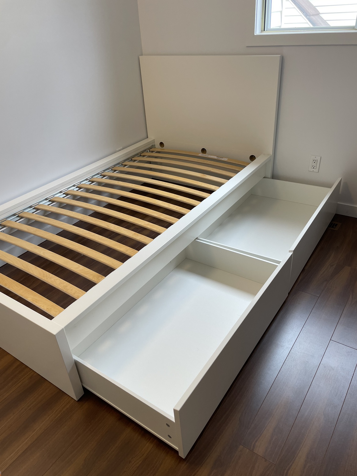 IKEA high bed frame/2 storage boxes, slatted bed base