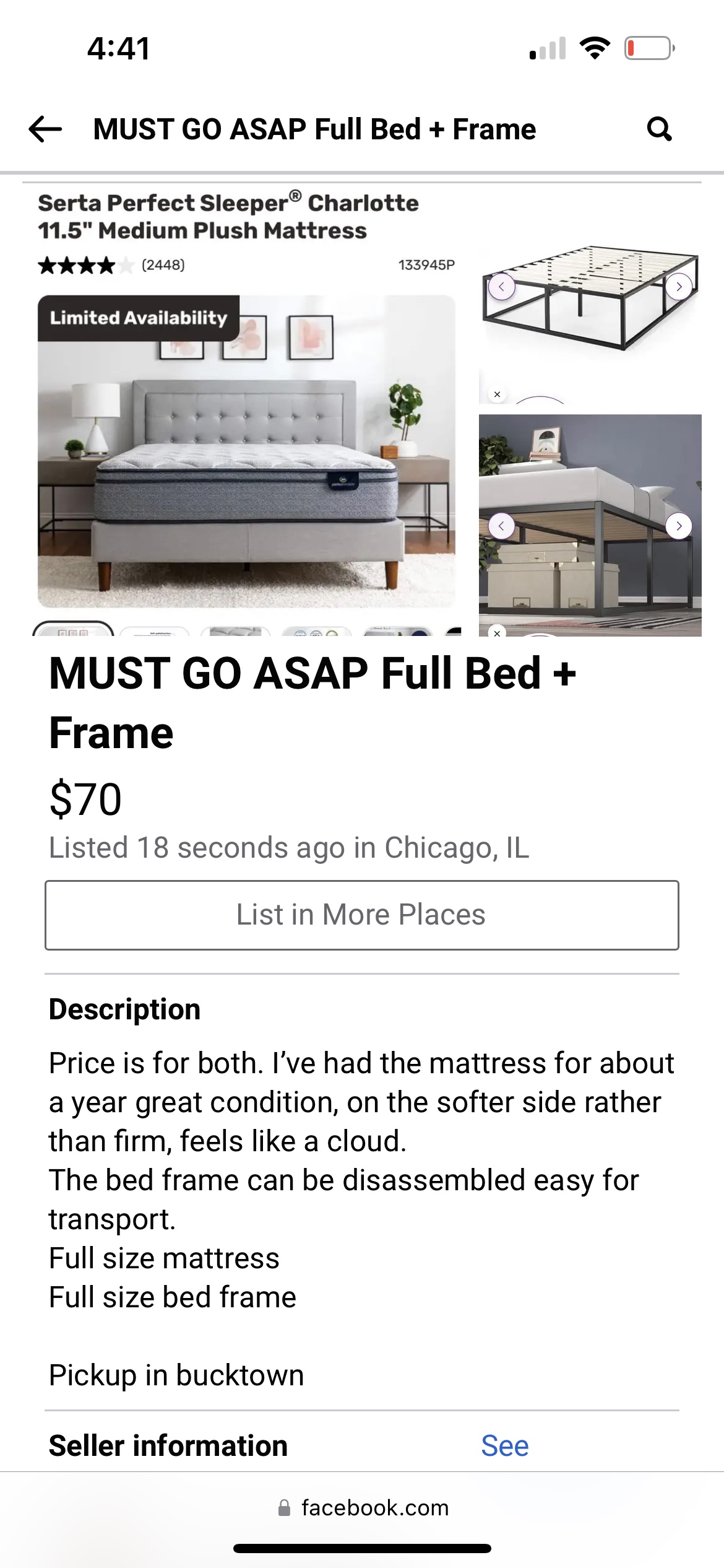 Full bed + frame MUST GO ASAP