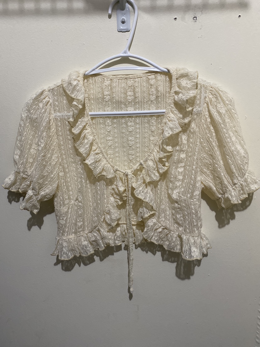 Sheer White Ruffle Lace Tie-Up Top thumbnail