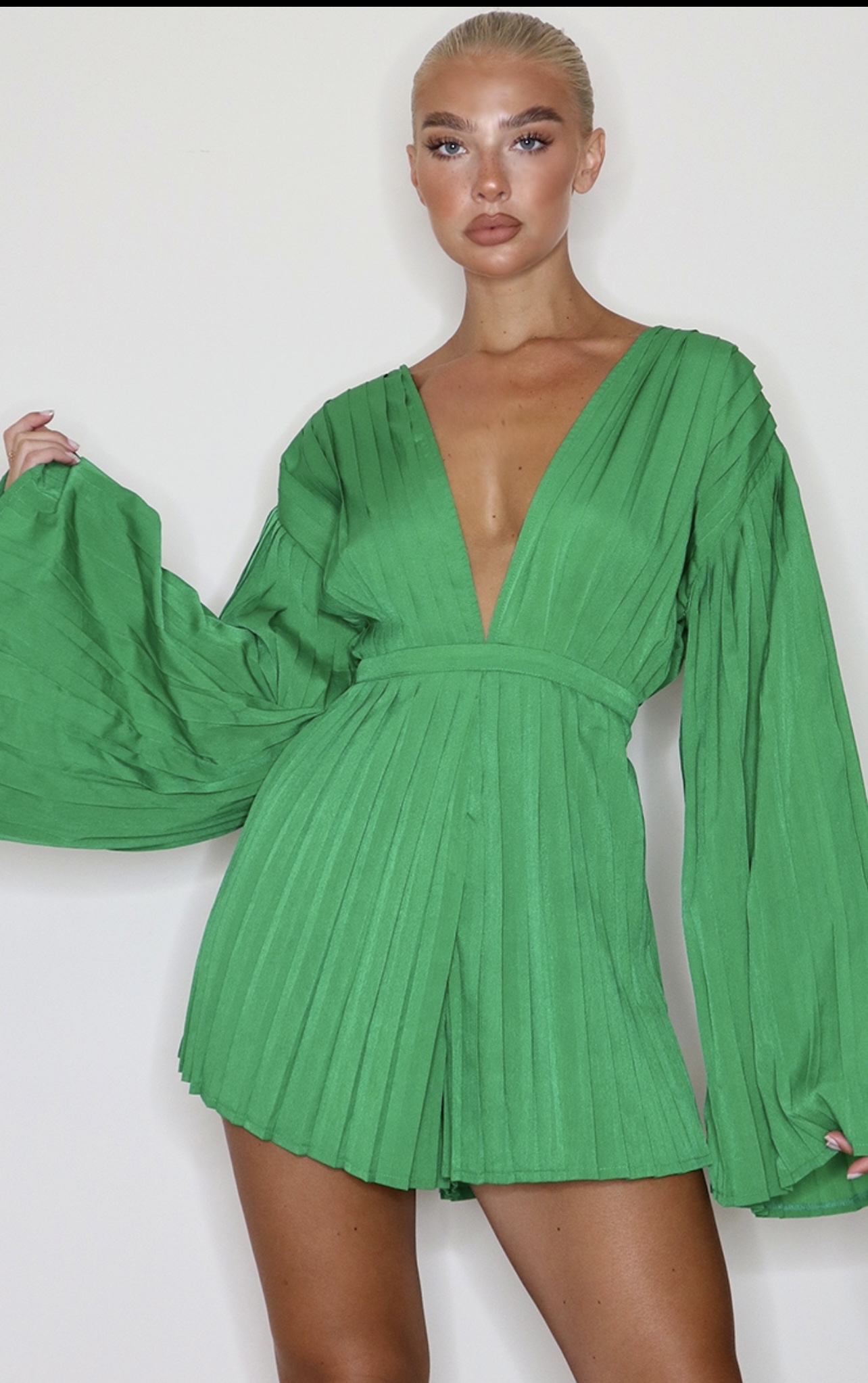 Green Plunge Pleated Romper thumbnail