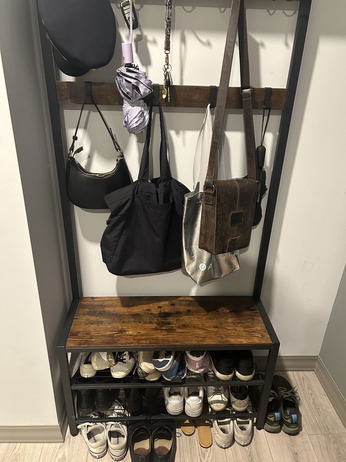 Coat tree with bench and shoe rack