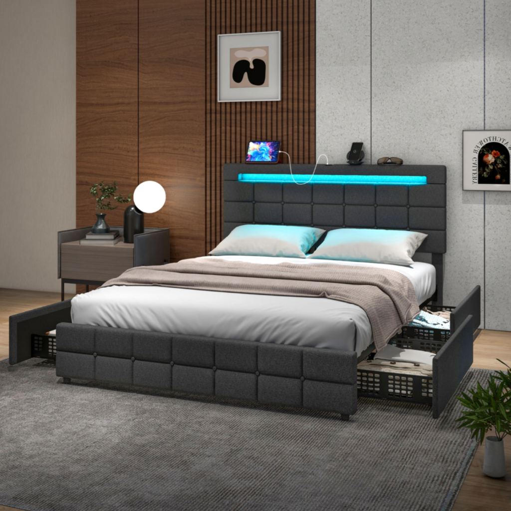 Full Sized Bed Frame with LED Lights and 4 Drawers image indicator(2)