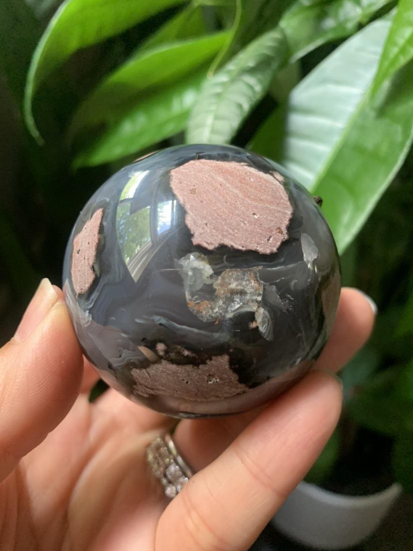 Red volcanic moss agate (UV reactive ) sphere A - crystal image indicator(6)