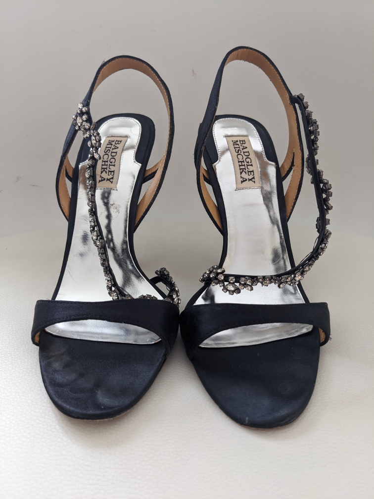 Badgley Mischka Forrester Black Satin Jeweled Heels image indicator(2)