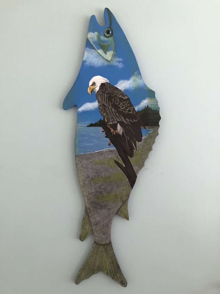 Original Bald Eagle Painting on Wood Fish ‘Perched for Perch’ thumbnail