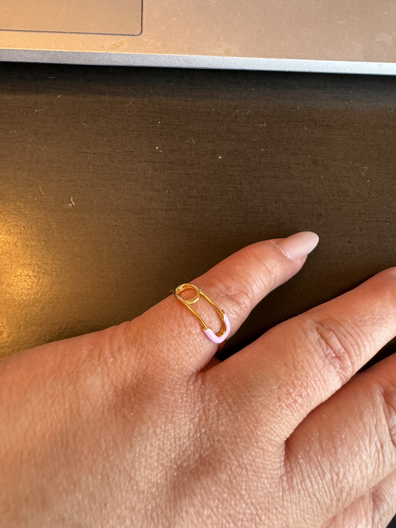 brand new safety pin ring with pink resin