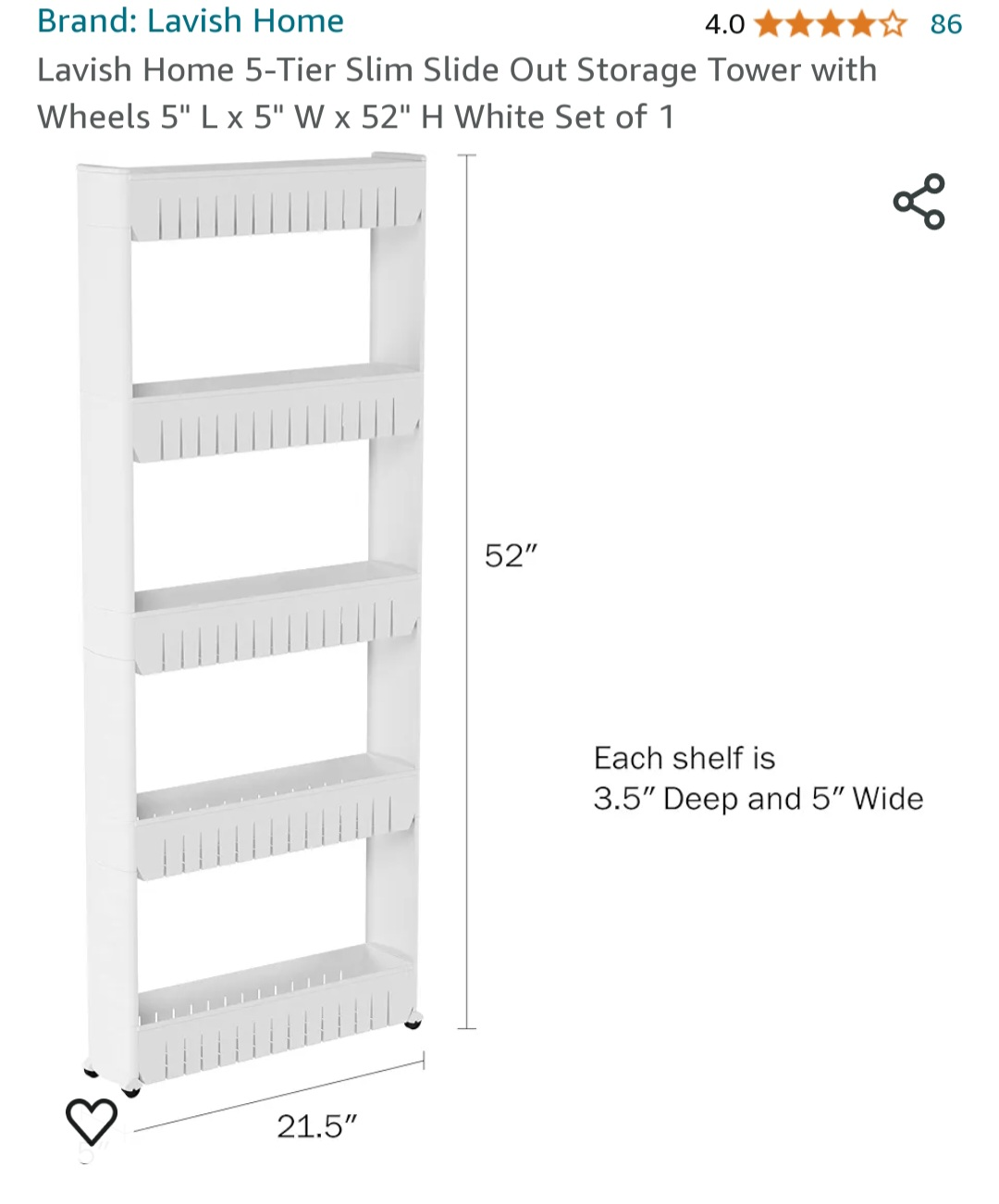 Lavish Home 5-Tier Slim Slide Out Storage Tower with Wheels image indicator(2)
