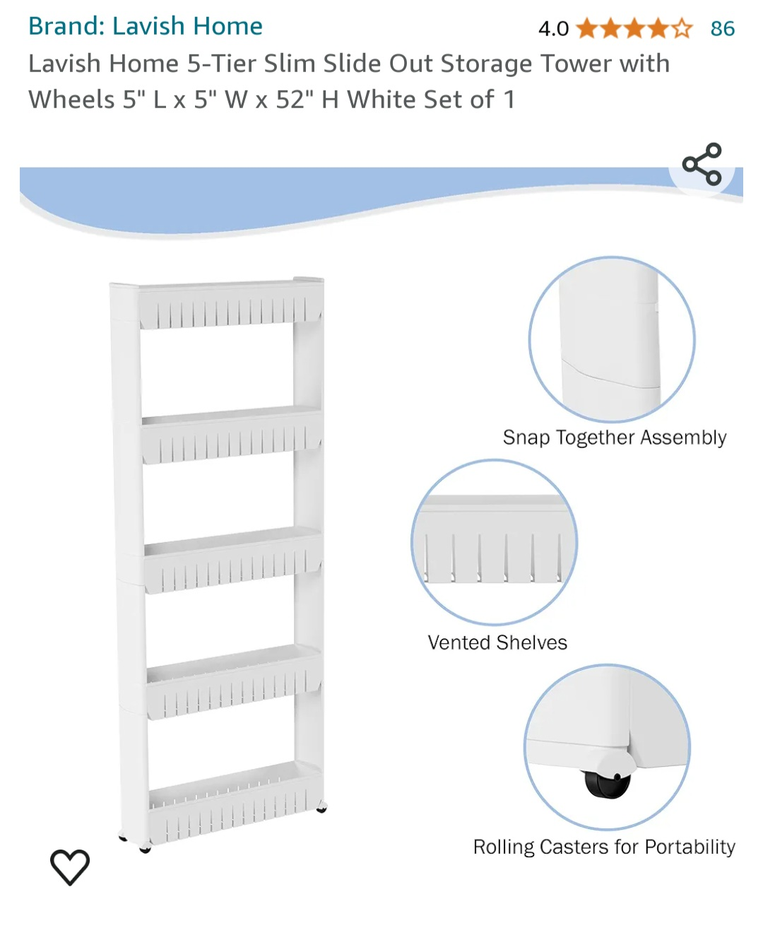 Lavish Home 5-Tier Slim Slide Out Storage Tower with Wheels image indicator(4)