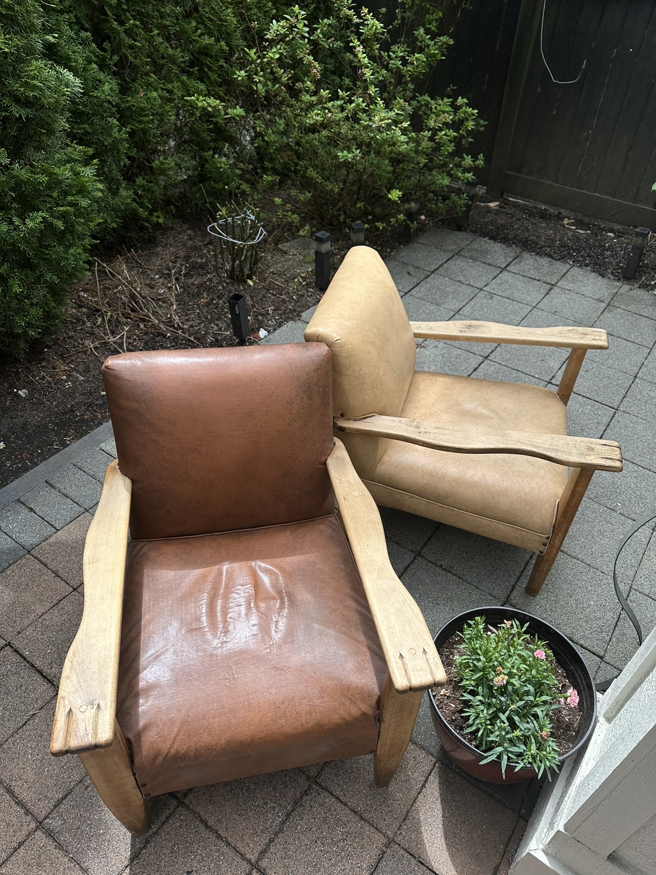 Antique Leather Wooden Armchair