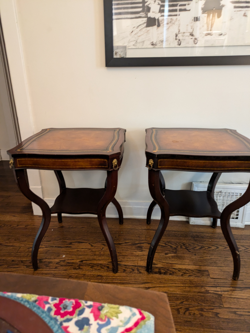 Antique,spider leg,leather top end tables, brass lion accents - photo 2