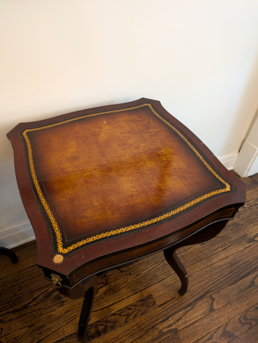 Antique,spider leg,leather top end tables, brass lion accents - photo 3