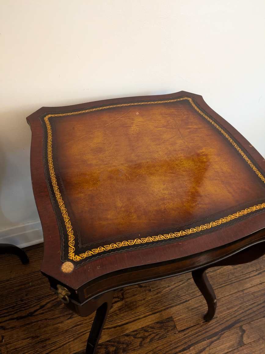 Antique,spider leg,leather top end tables, brass lion accents - photo 4