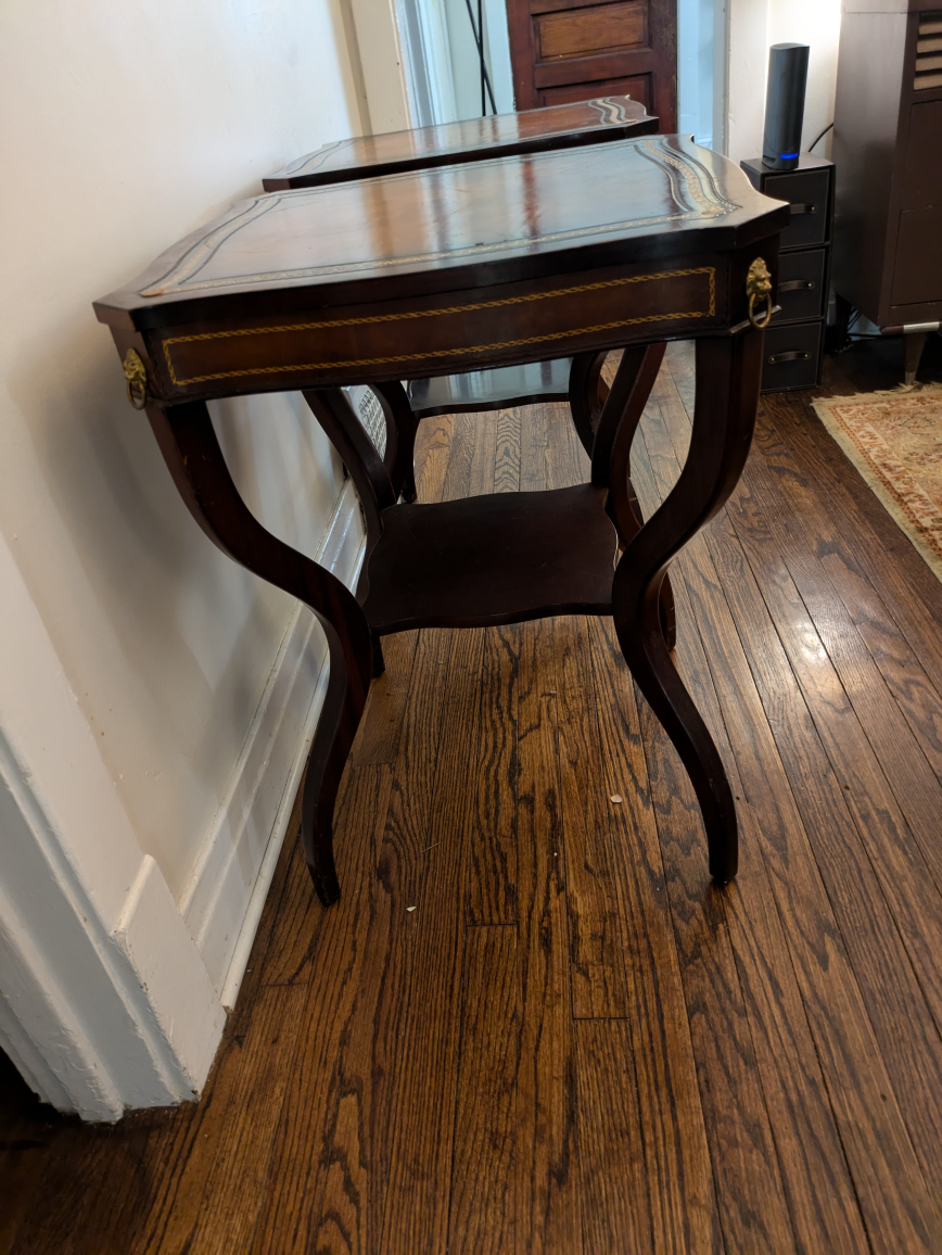 Antique,spider leg,leather top end tables, brass lion accents - photo 5