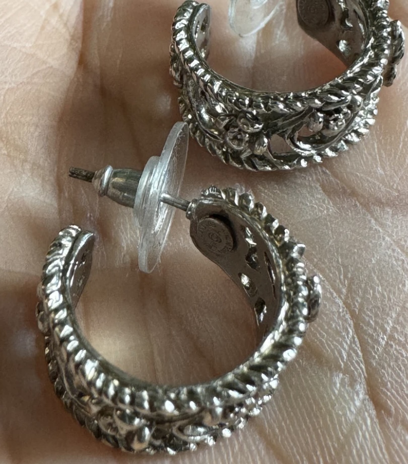 Authentic Chanel Silver Filigree Hoop Earrings image indicator(6)