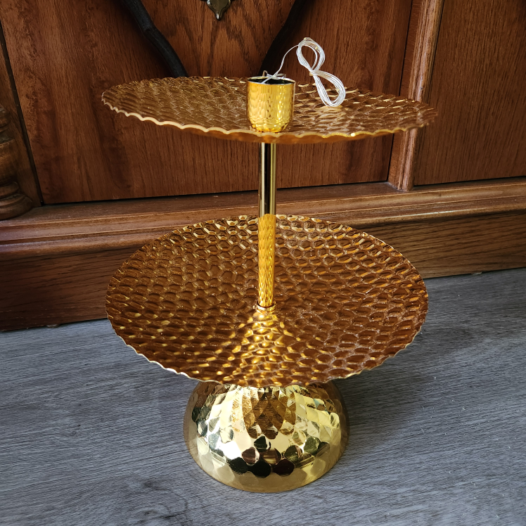 Gold toned serving stand w/working string lights & moon ornament - photo 2