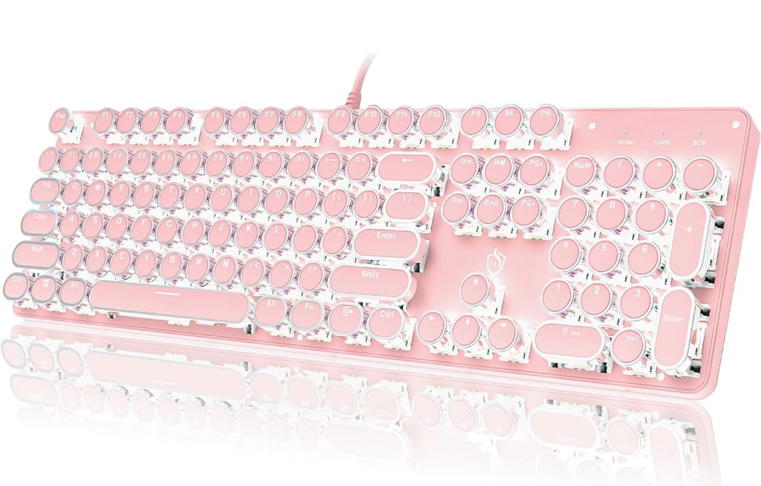 Retro Steampunk Typewriter-Style Gaming Keyboard Pink thumbnail