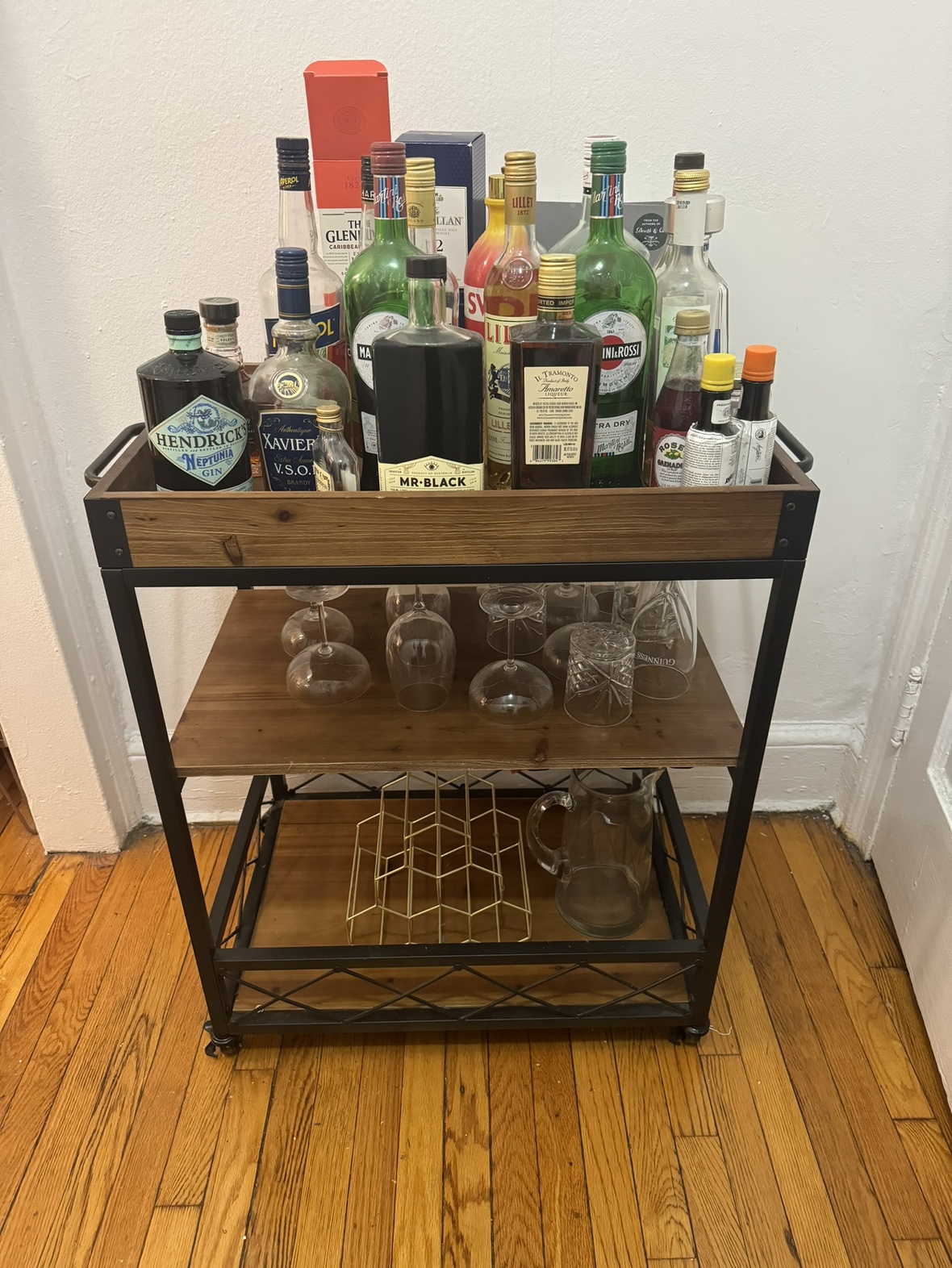 Solid Wood Bar Cart with Wheels & Built In Wine Rack - photo 2