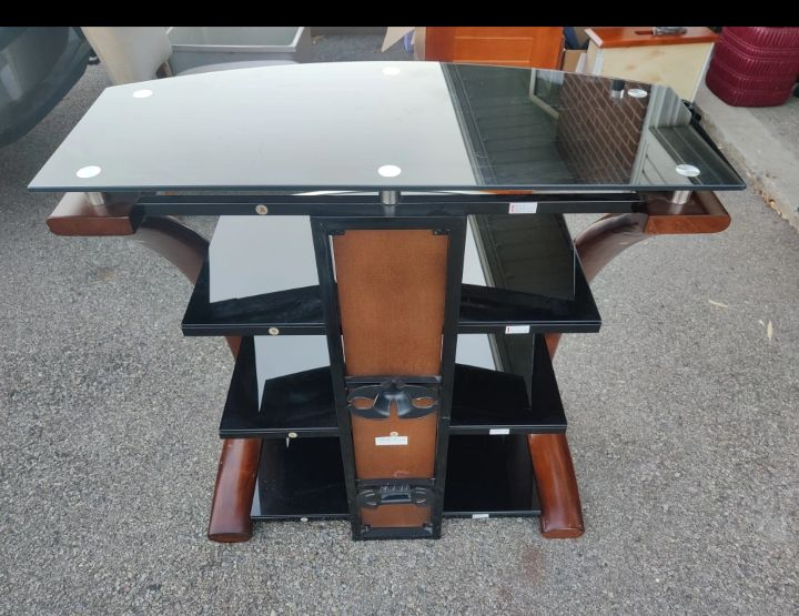 Black glass TV stand with walnut finish wood trim image indicator(3)