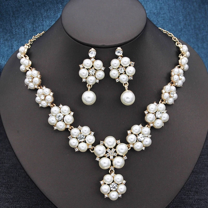 Attractive 5 petals pearl crystal flower jewelry set - photo 2